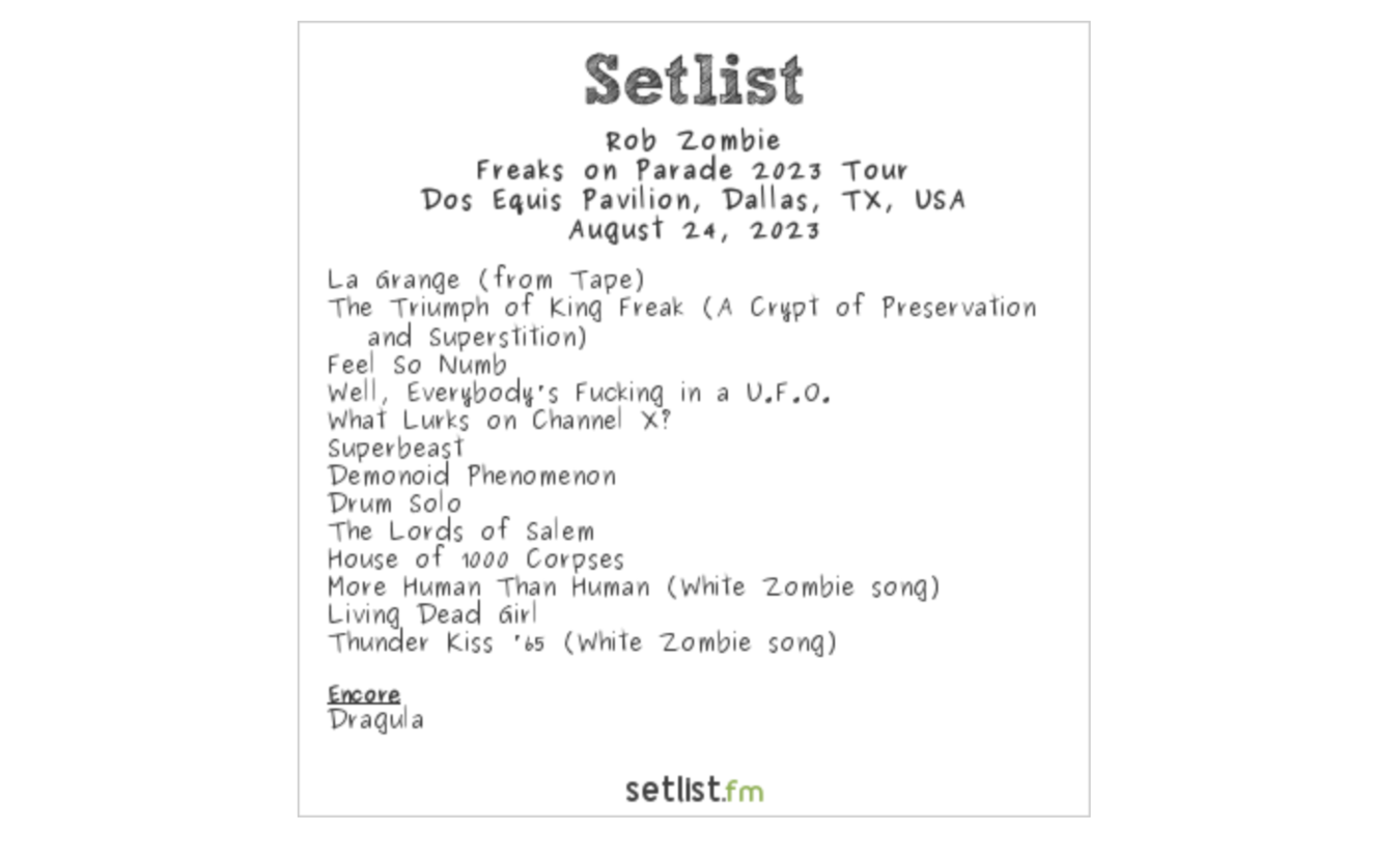 rob zombie freaks on parade tour 2023 setlist